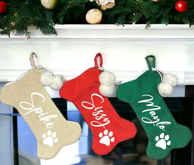 Chaussure de Père Noël à pompon en peluche en forme d'os de chien / avec nom souhaité